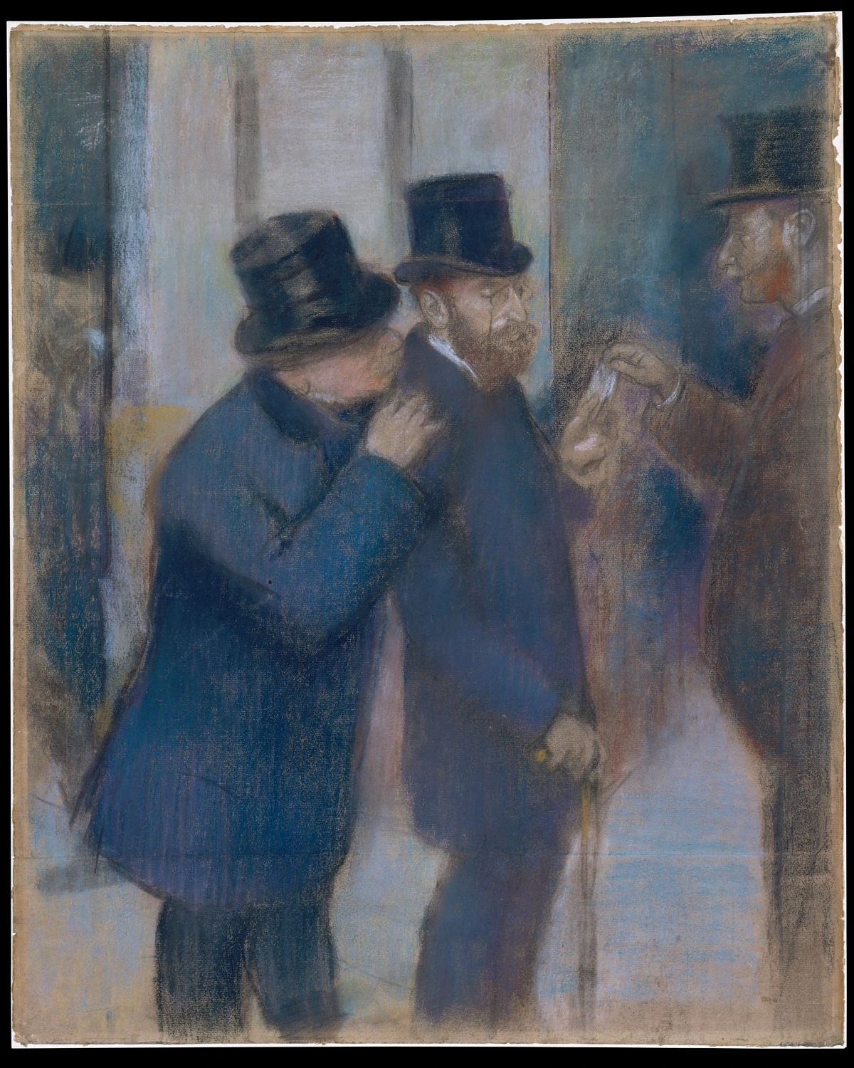 Edgar Degas' 'Portraits at the Stock Exchange' depicts three men in top hats and suits, engaged in conversation, rendered in pastel on paper.