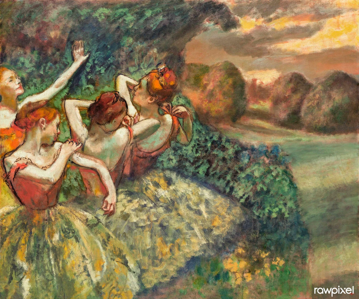 Edgar Degas' 'Four Dancers' (ca. 1899) painting, depicting ballerinas in motion with vibrant colors and impressionistic style.