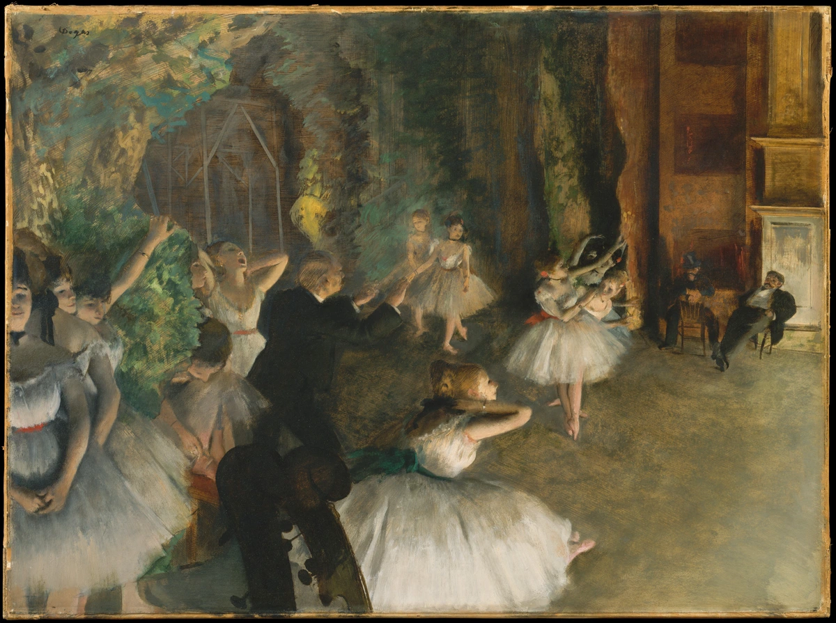 Edgar Degas' 'The Rehearsal of the Ballet Onstage' depicts ballerinas practicing on a dimly lit theater stage, with a conductor and audience members visible in the background.