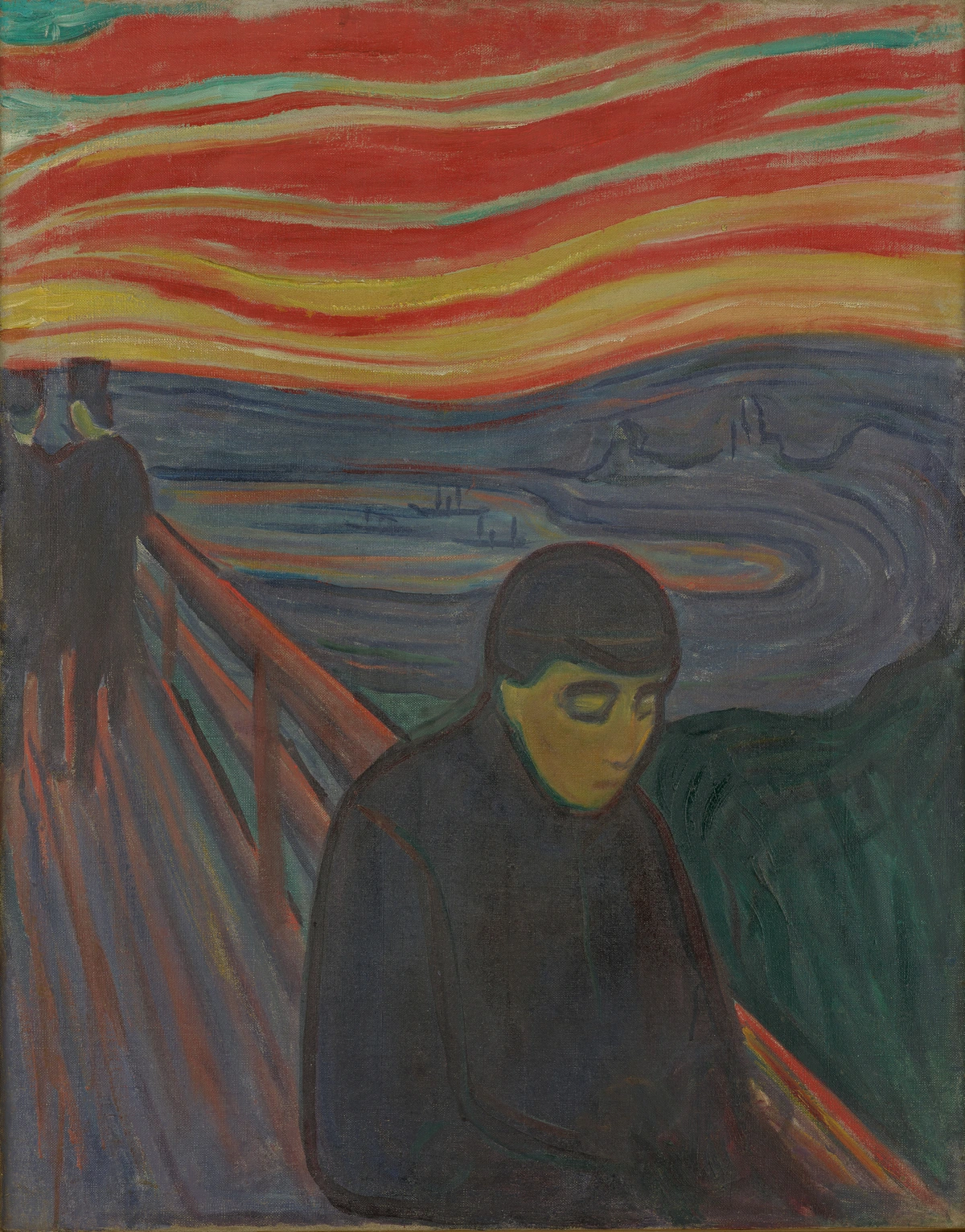 Despair by Edvard Munch, 1894, showing a figure on a bridge under a dramatic sky.