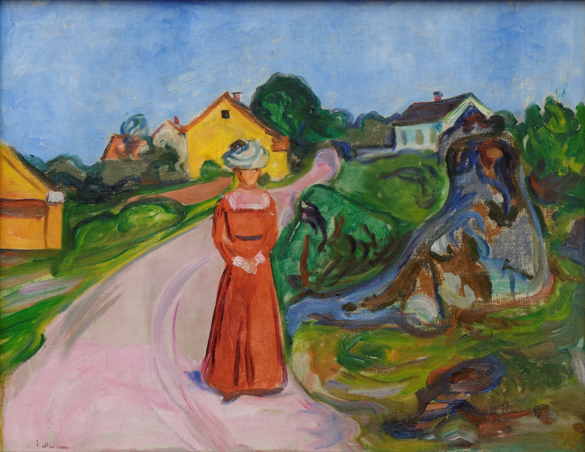 Edvard Munch's painting 'Woman in Red Dress' depicting a woman in an orange dress standing on a path in a rural landscape with houses and trees.