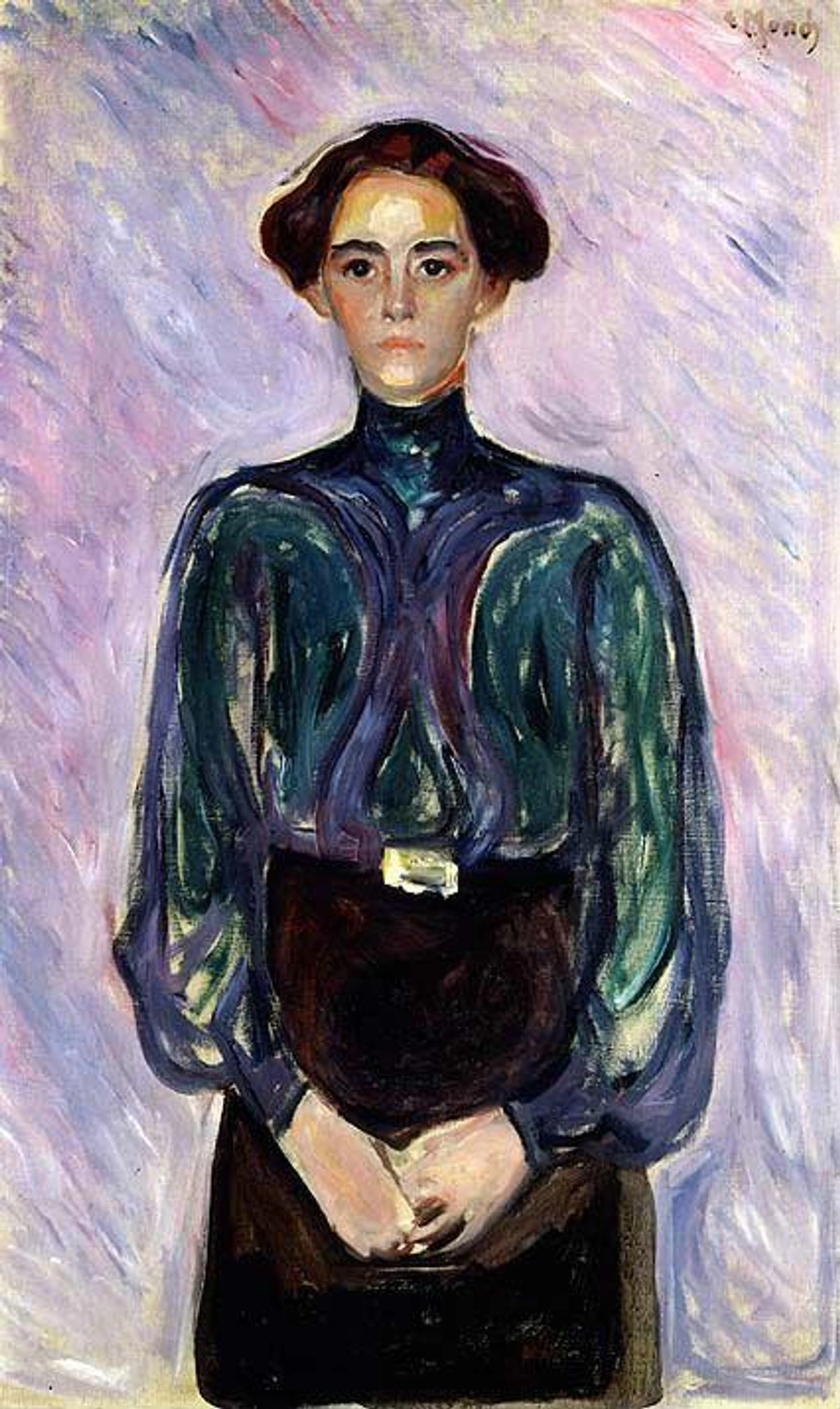 Portrait of Mrs. Schwarz by Edvard Munch, a painting of a woman in a dark blue dress with her hands clasped.