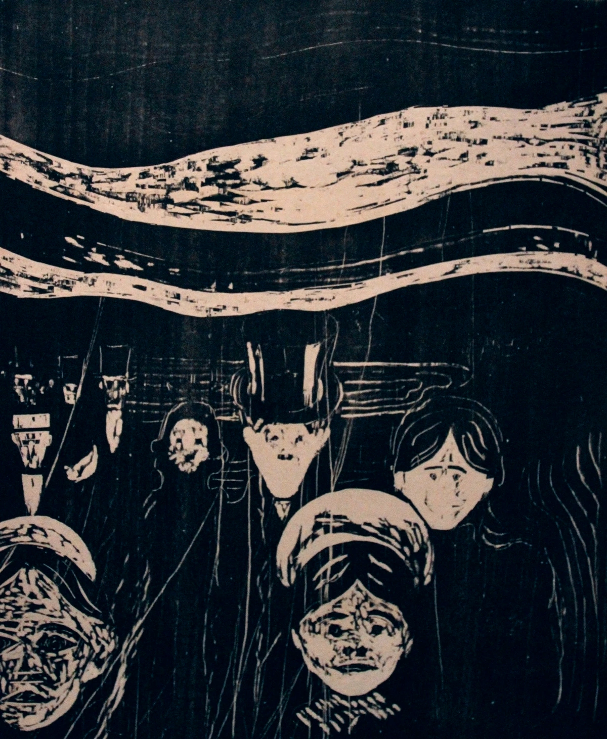 Edvard Munch's woodcut 'Angst' depicting a distorted, anxious crowd under a swirling sky.