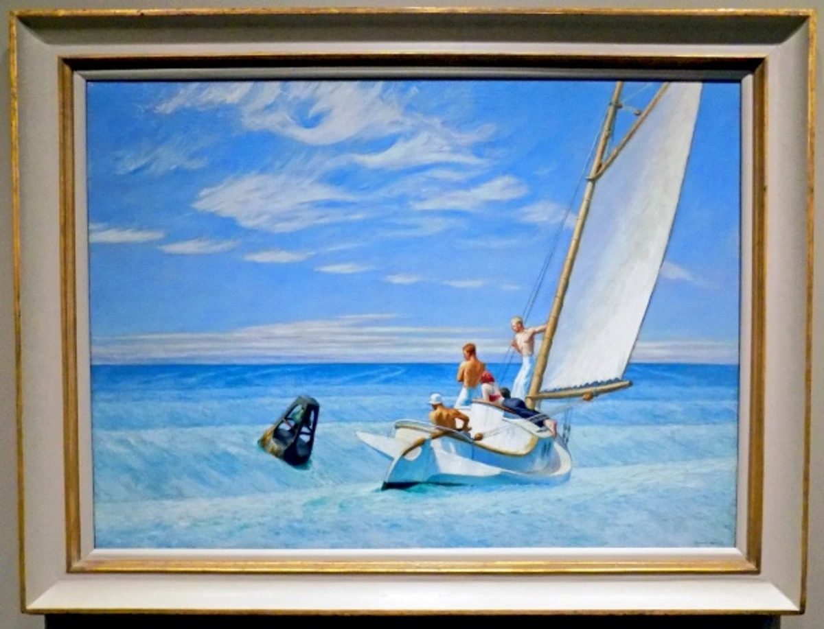 Edward Hopper's Ground Swell painting depicting people on a sailboat near a buoy under a blue sky with wispy clouds.