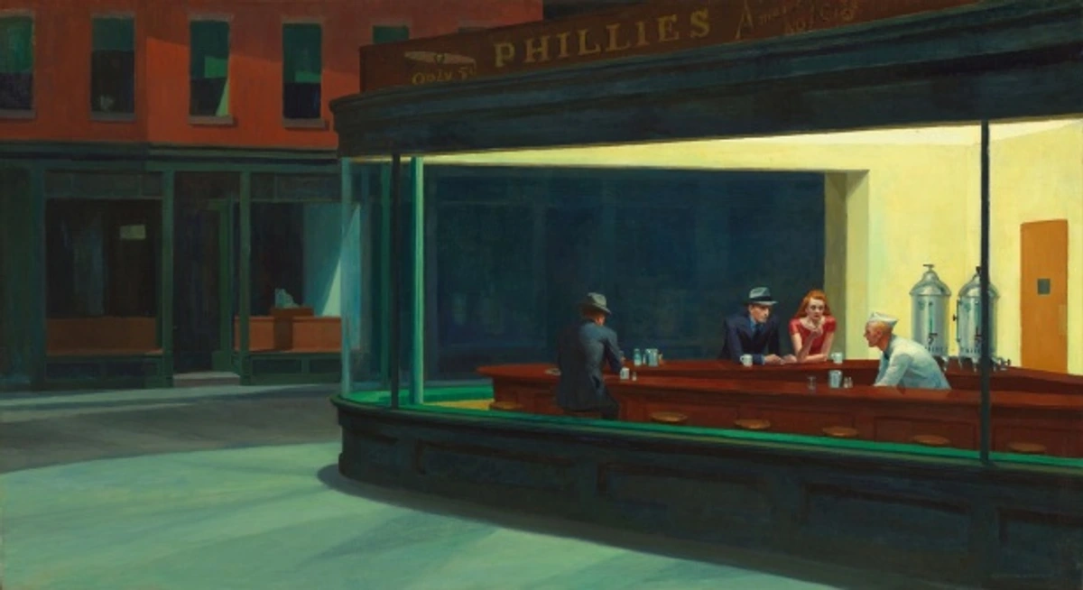 Edward Hopper's Nighthawks painting, depicting a late-night diner scene with three patrons and a server under bright fluorescent lights.