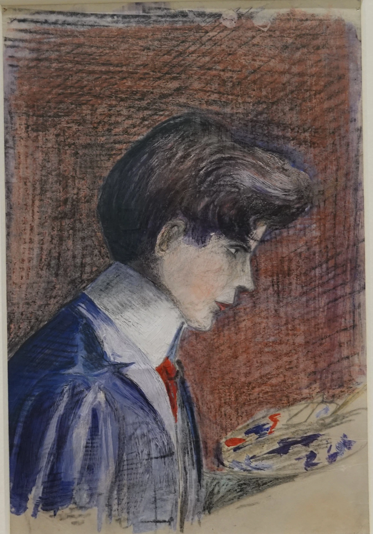 Egon Schiele, Self Portrait with Palette, 1905, a young man in a blue jacket and red tie looking down at a palette, showcasing an early, thoughtful intensity. | Egon Schiele, Zelfportret met palet, 1905, een jonge man in een blauwe jas en rode das kijkt neer op een palet, een vroege, doordachte intensiteit tonend.