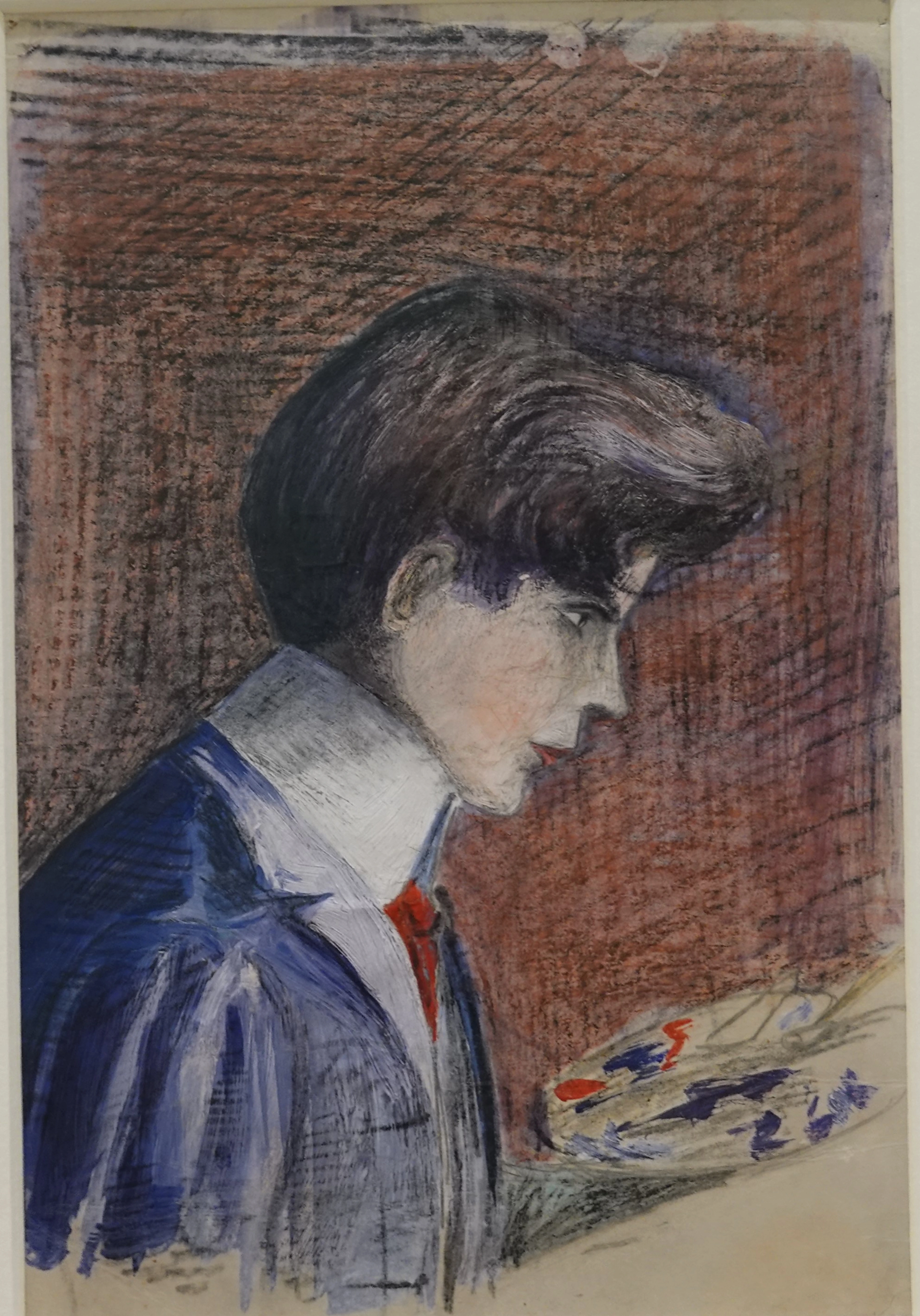 Egon Schiele, Zelfportret met palet, 1905, een jonge man in een blauwe jas en rode das kijkt neer op een palet.
