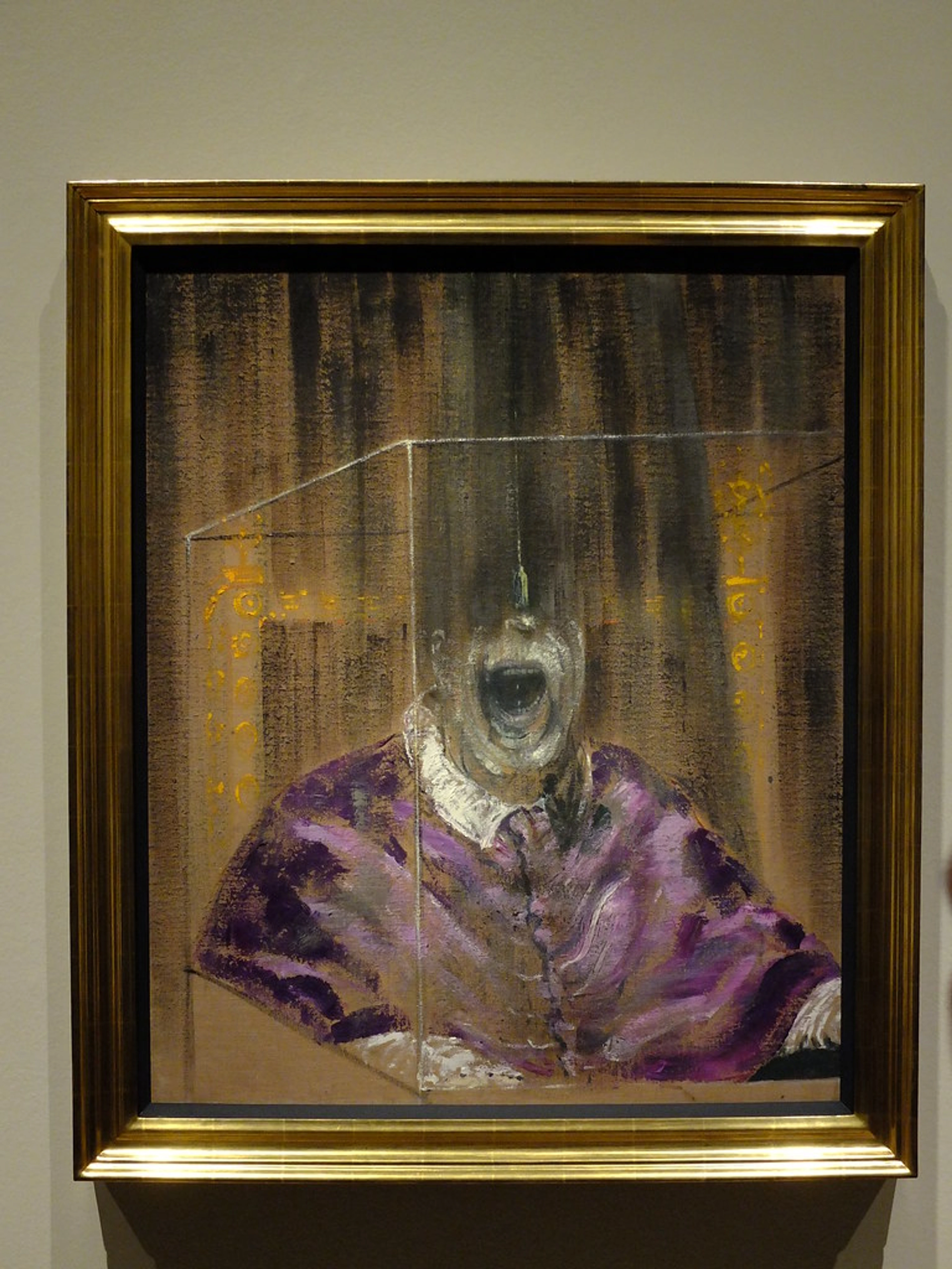 Francis Bacon's 'Head VI', 1949, oil on canvas painting of a screaming figure in a purple robe within a glass cage.