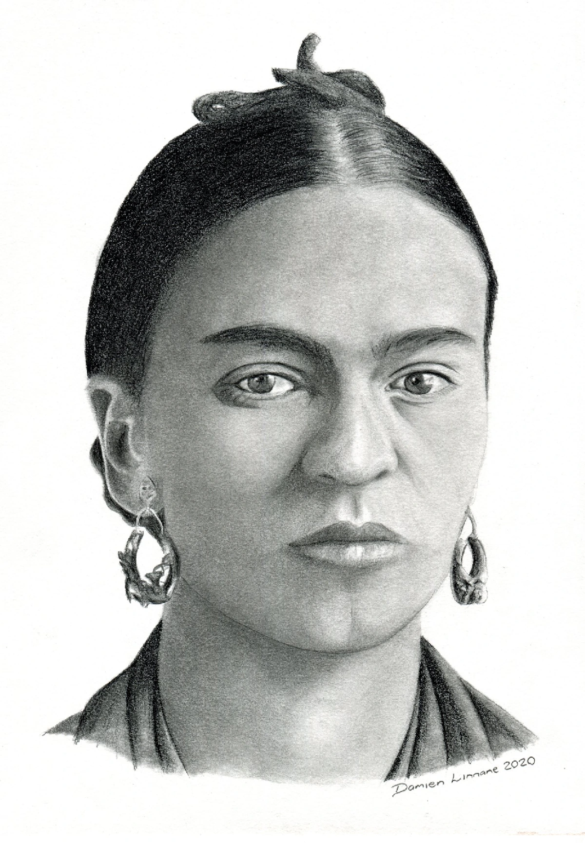Pencil drawing portrait of Frida Kahlo by Damien Linnane, featuring her iconic unibrow and earrings.