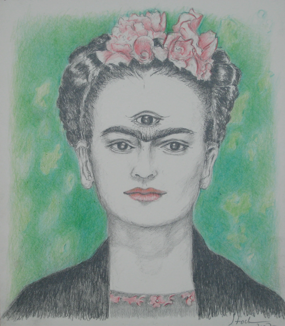 Frida Kahlo portrait with third eye and flowers in hair