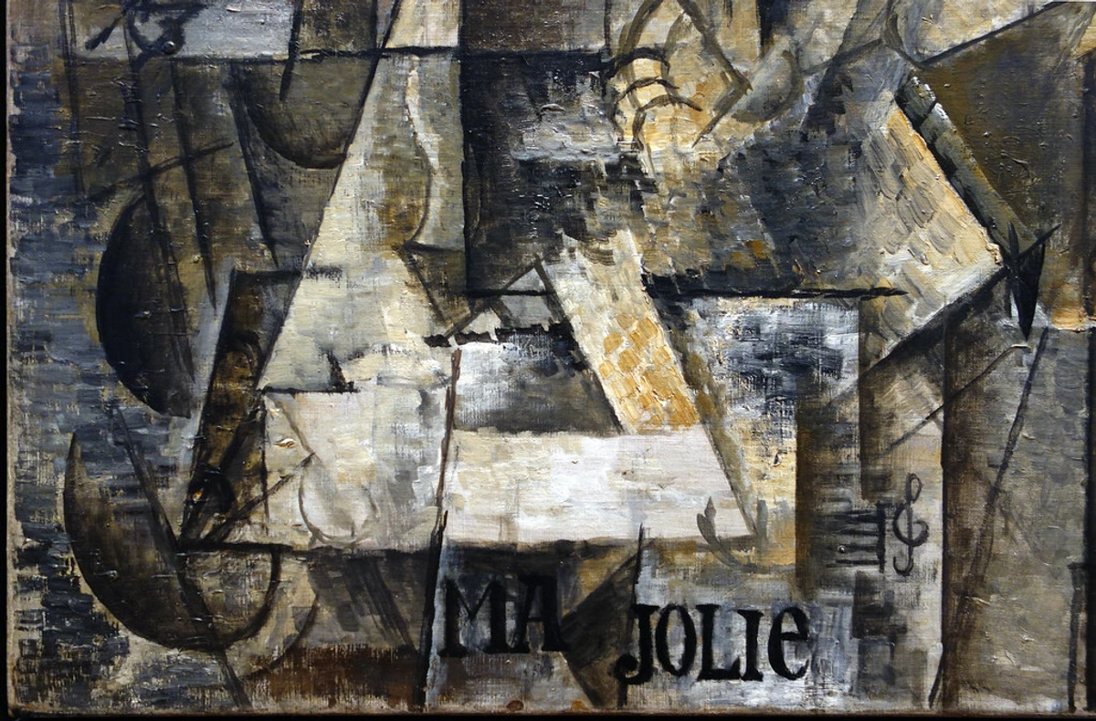 Detail of Pablo Picasso's 'Ma Jolie' painting, showcasing Cubist fragmentation and musical notation.