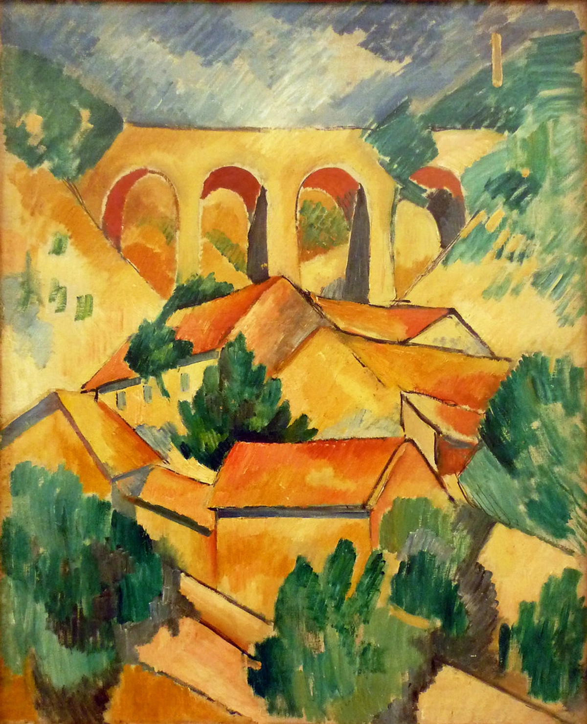 Georges Braque's painting of the Viaduct at L'Estaque, featuring a yellow viaduct with arches over a village with orange roofs and green trees.