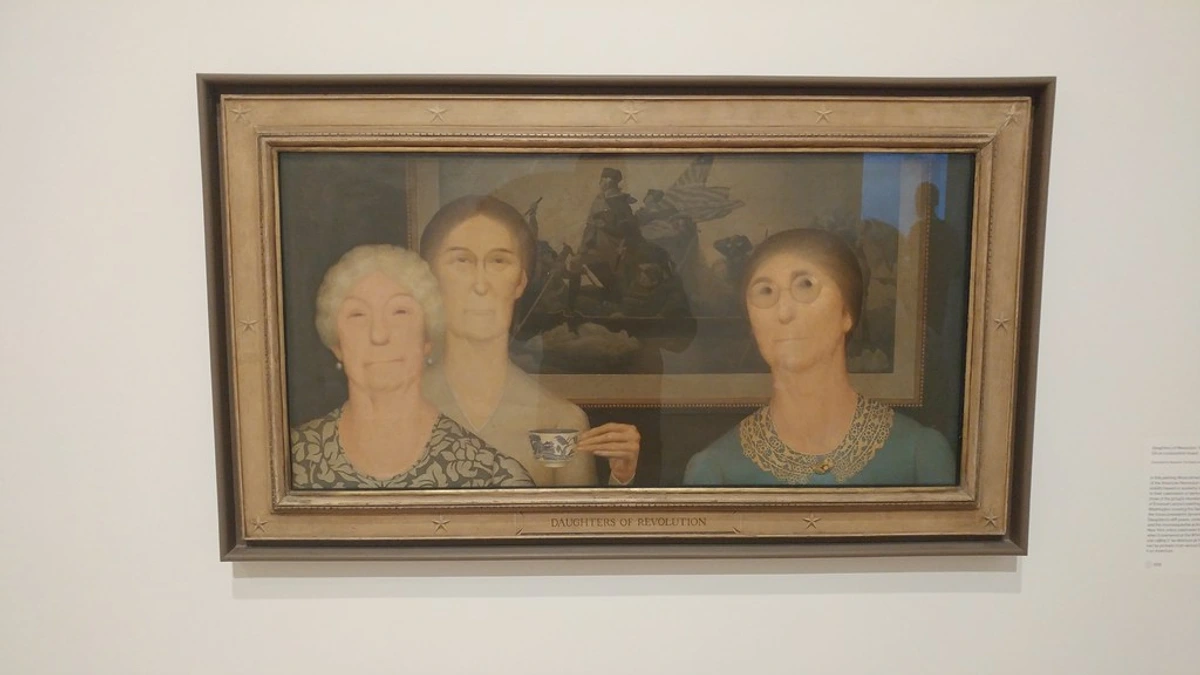 Grant Wood's painting 'Daughters of Revolution' featuring three women in historical attire at the Whitney Museum of American Art.