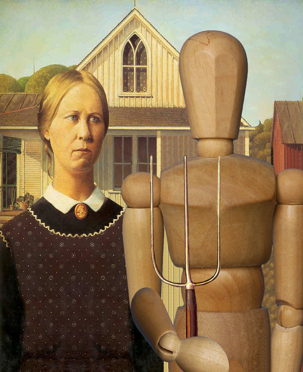 Parody of Grant Wood's American Gothic featuring a wooden mannequin holding a pitchfork in front of a farmhouse.
