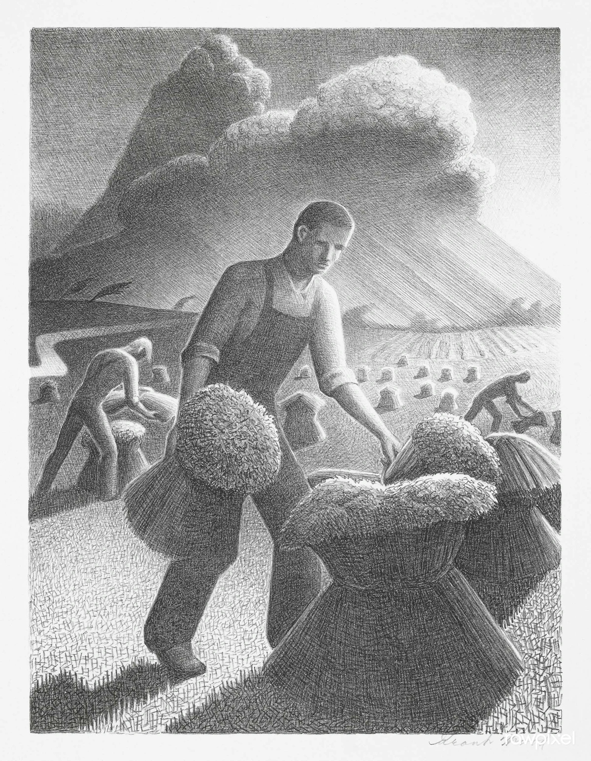 Grant Wood's Approaching Storm (1940) depicts farmers harvesting wheat in a field under a dramatic, stormy sky.