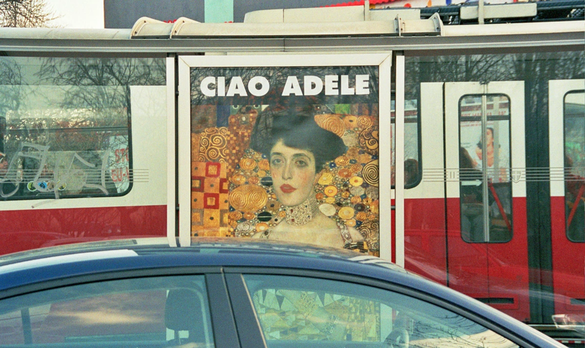Gustav Klimt's 'Portrait of Adele Bloch-Bauer I' displayed on a tram in Vienna, Austria.