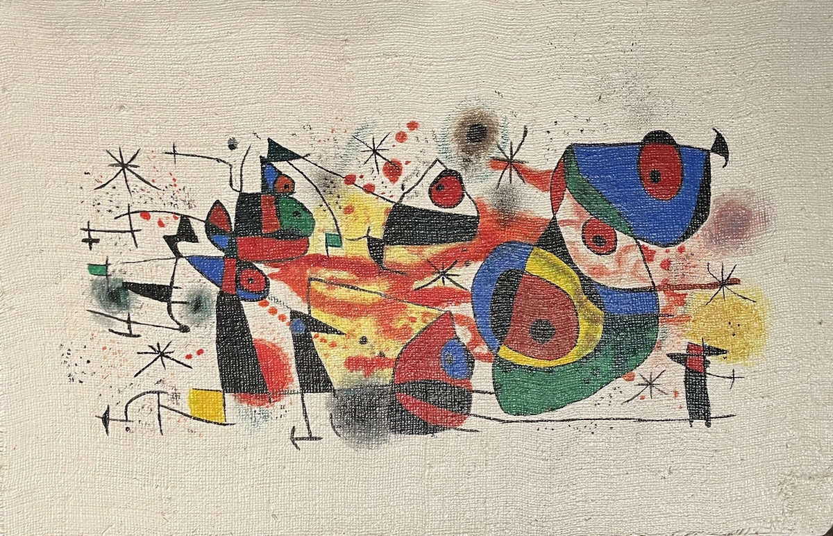 Joan Miro-inspired abstract painting with birds and dragonflies