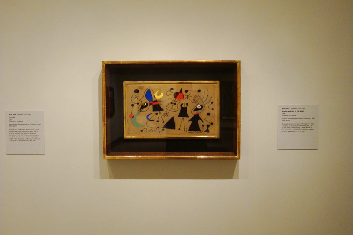 Joan Miro's 'Women and Bird in the Night' painting displayed in a museum setting.