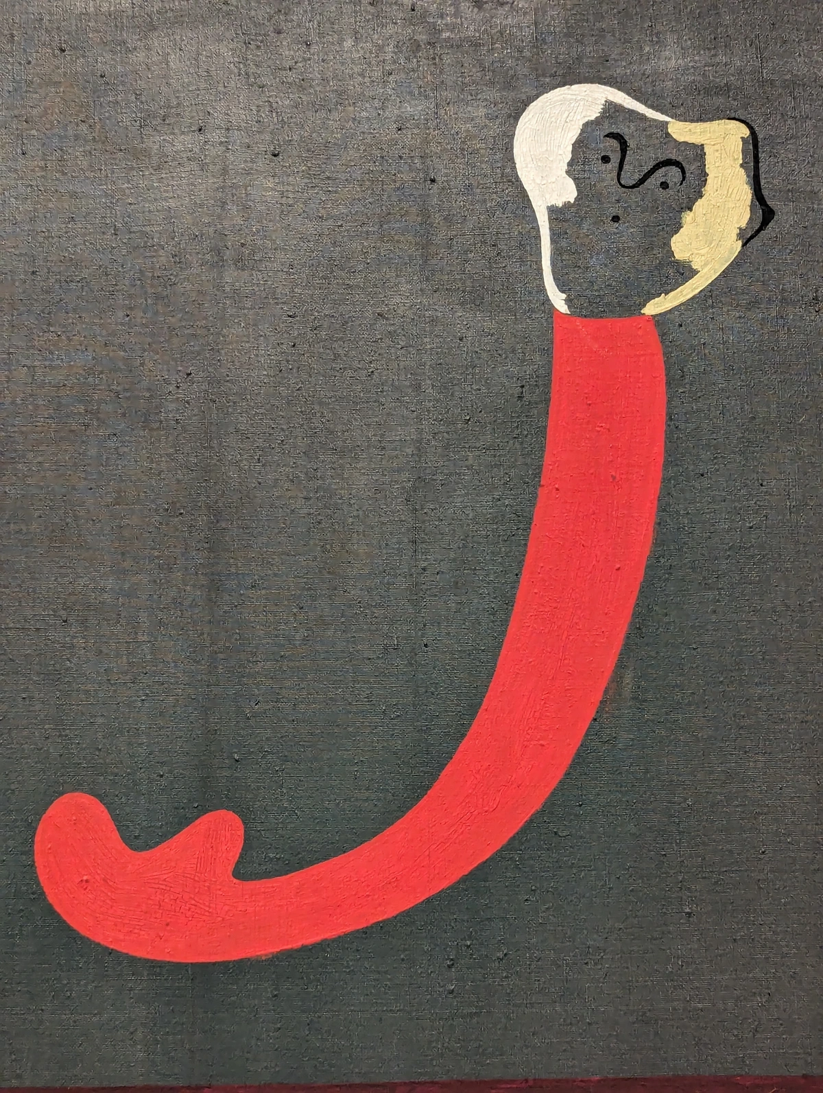 Joan Miró schilderijdetail uit 1938, met een rode gebogen vorm en een gestileerd gezicht met witte en gele elementen.