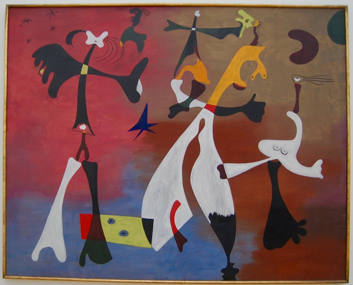 Joan Miró's 'Figures in a Landscape' painting, featuring abstract figures against a vibrant, multi-colored background.