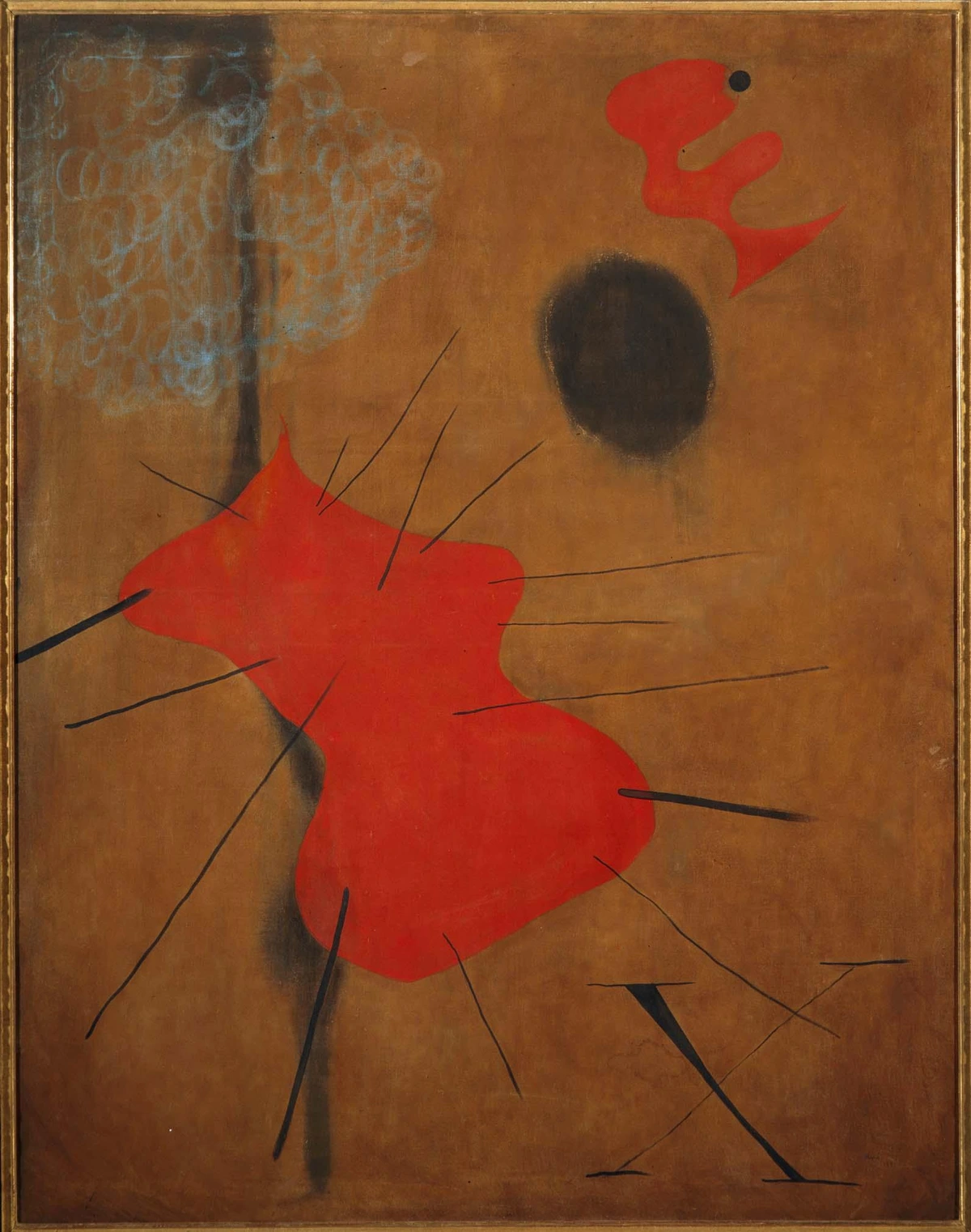Joan Miro's 'La mancha Roja' painting featuring a large red organic shape with black lines radiating outwards, set against a textured brown background with blue scribbles and a black circle.
