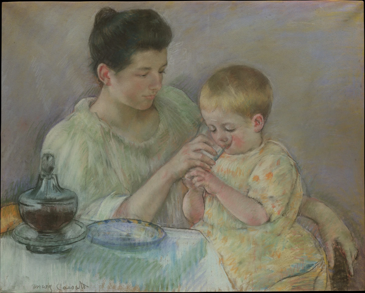 Mary Cassatt's pastel drawing of a mother tenderly feeding her young child at a table.