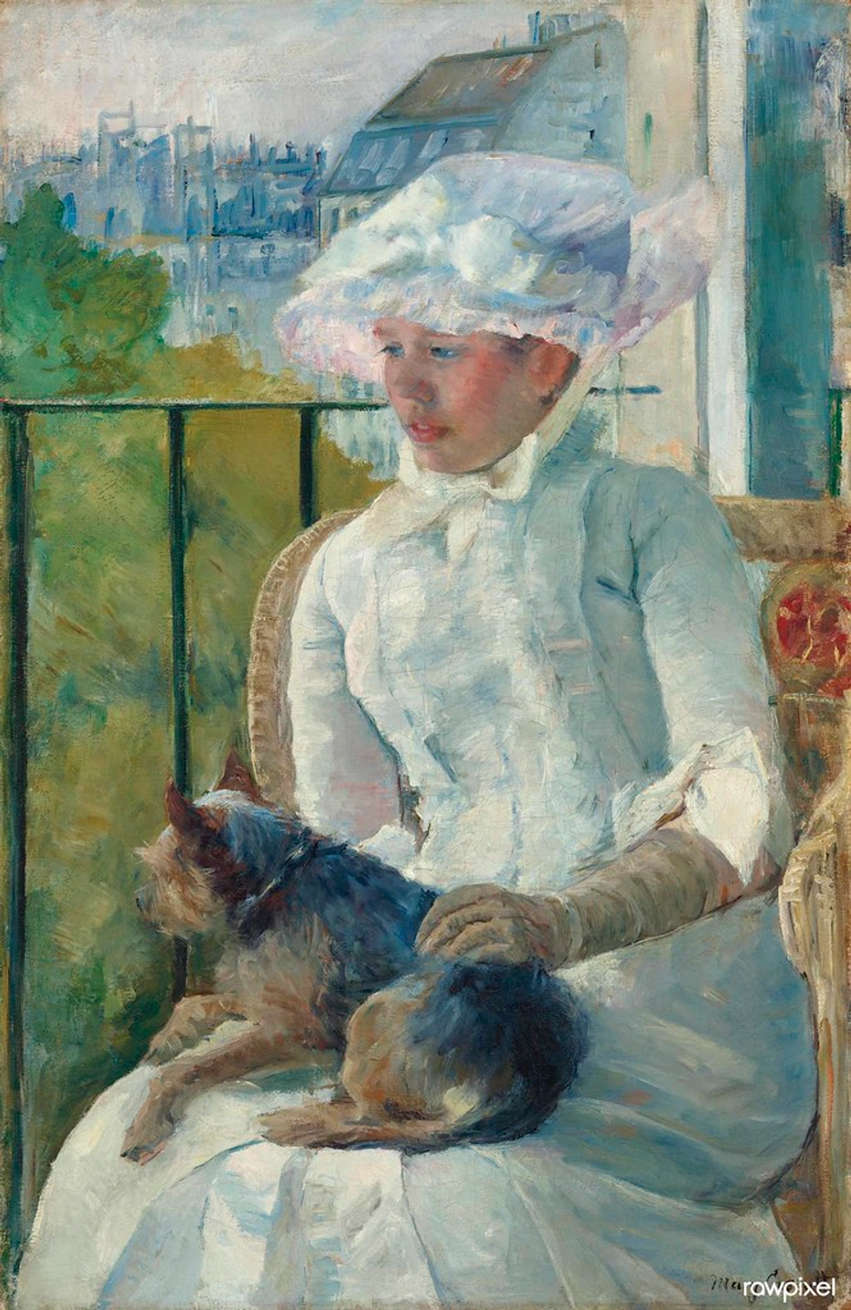 Young Girl at a Window (1883-1884) by Mary Cassatt, an Impressionist oil painting of a girl in a white dress and hat sitting with a dog on a balcony overlooking a cityscape.