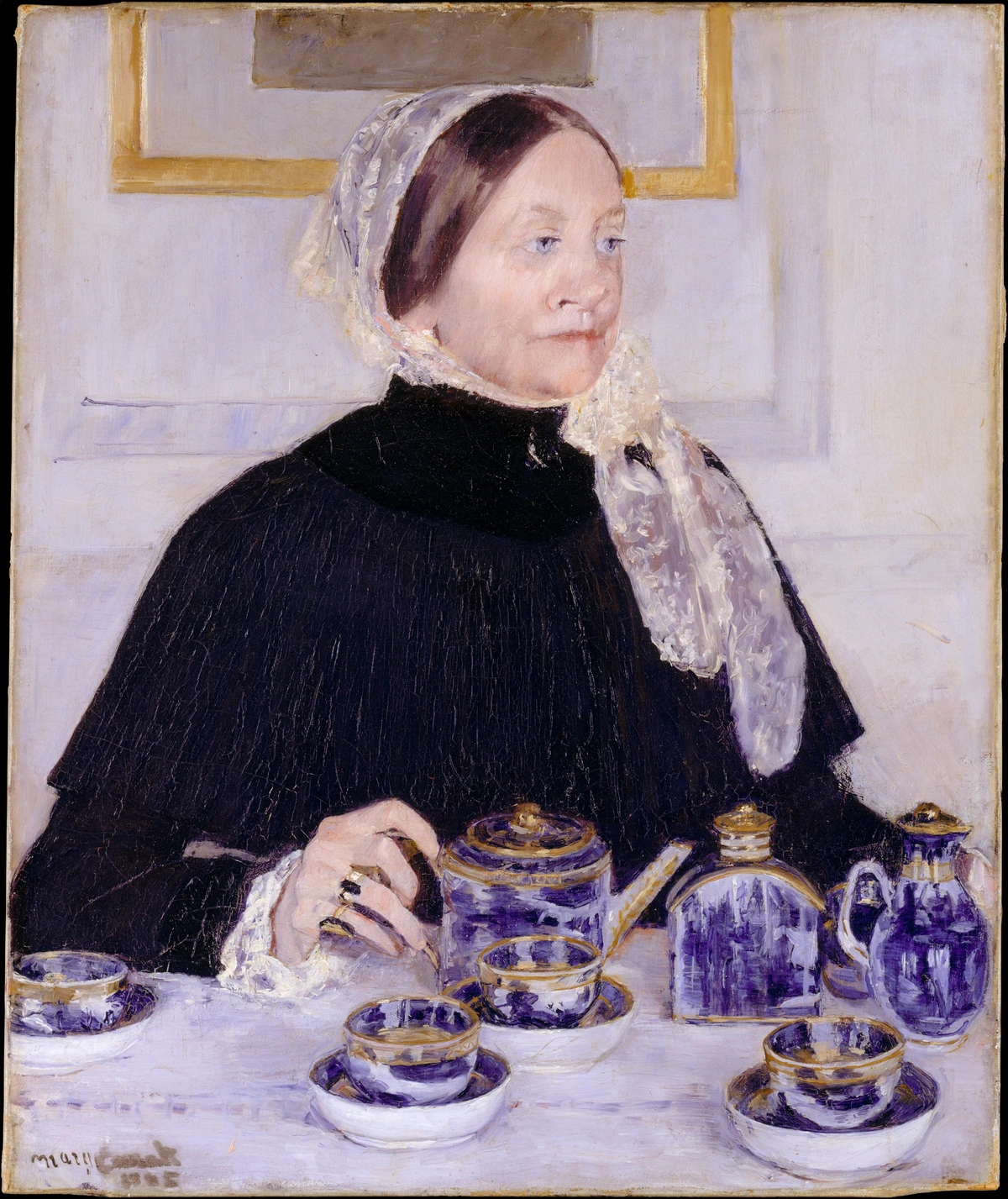 Mary Cassatt's 'Lady at the Tea Table' painting, featuring a woman in a black dress and lace bonnet seated at a table with a blue and white tea set.