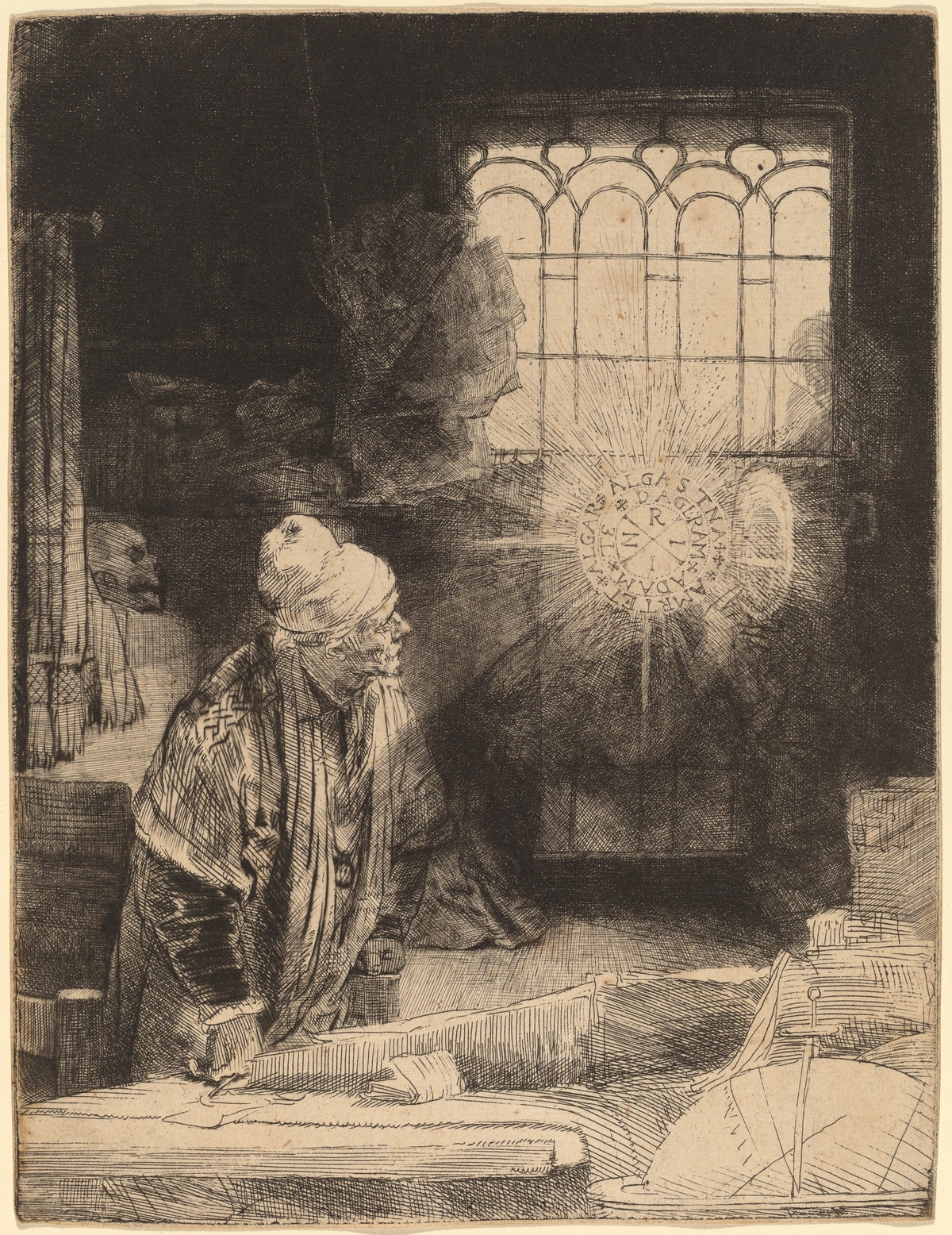 Rembrandt van Rijn's etching 'Faust' depicts an old man in a cap and robe looking at a radiant circle with letters and symbols, illuminated by light from a window.