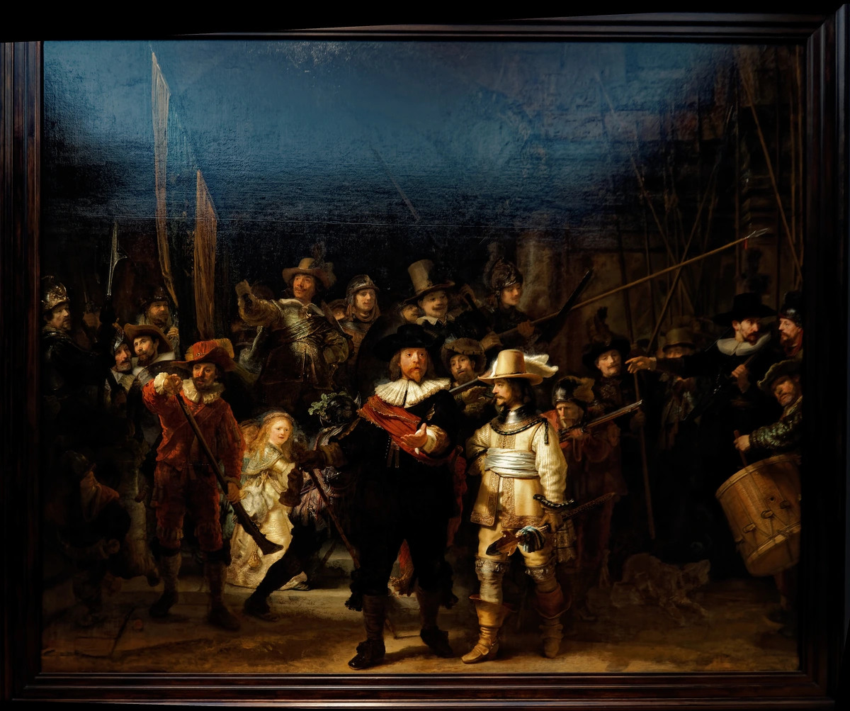 The Night Watch by Rembrandt, a famous Dutch Golden Age painting depicting a militia company.