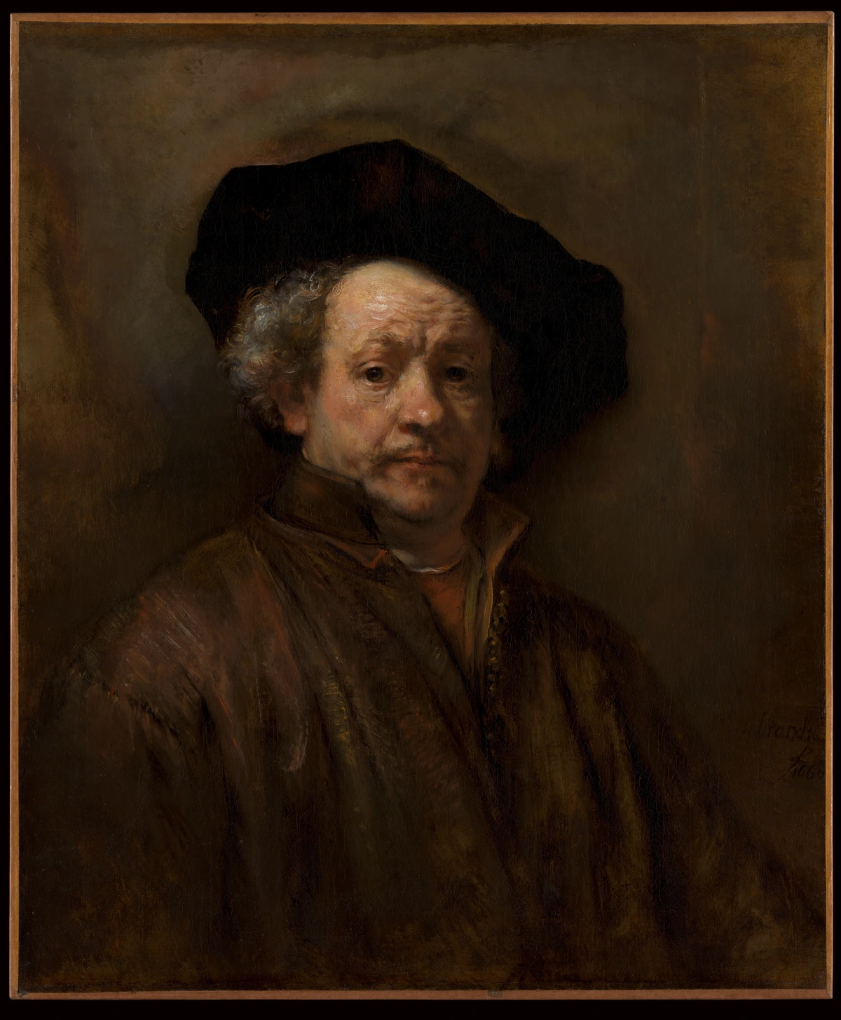 Zelfportret van Rembrandt van Rijn, geschilderd in 1660, met zijn rijpe en introspectieve blik. | Zelfportret van Rembrandt van Rijn, geschilderd in 1660, met zijn rijpe en introspectieve blik.