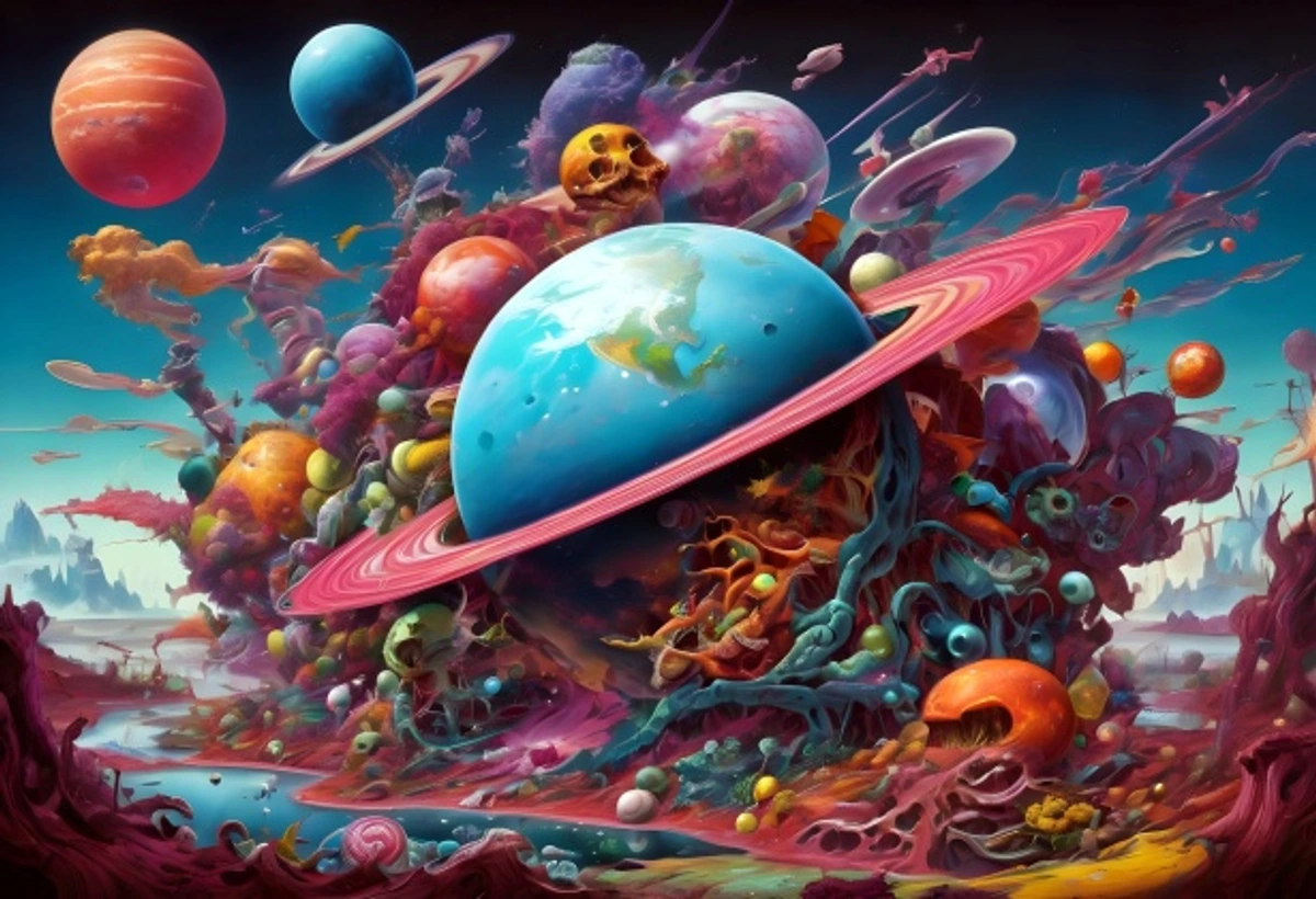 Surreal fantasy planet landscape with vibrant colors and cosmic elements.