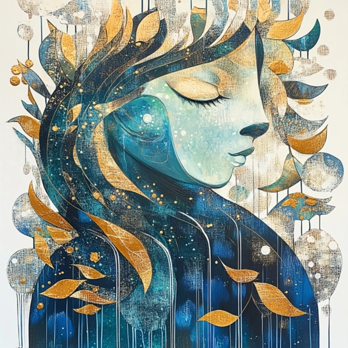 Mystic woman in abstract art style, with flowing blue and gold elements, evoking surrealism and mysticism.