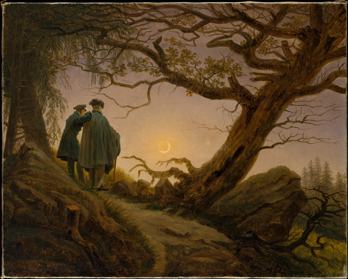 Caspar David Friedrich's painting 'Two Men Contemplating the Moon', depicting two figures in dark cloaks gazing at a crescent moon in a twilight sky, set against a backdrop of trees and rocky terrain, embodying the Romantic era's focus on nature and contemplation.