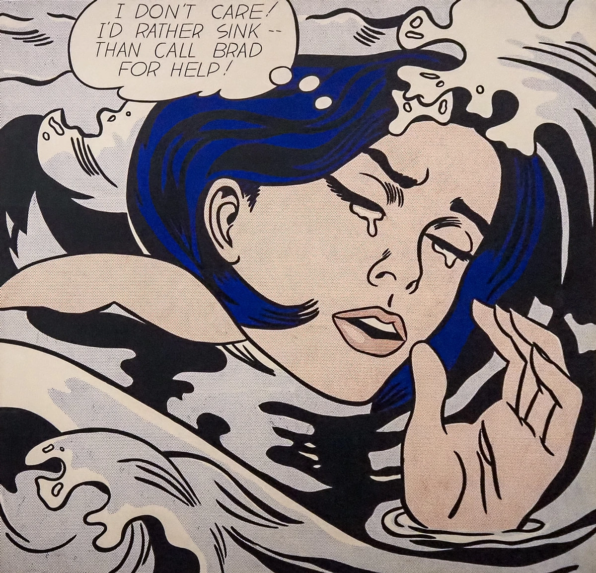 Drowning Girl by Roy Lichtenstein, a famous pop art painting depicting a woman crying in water.