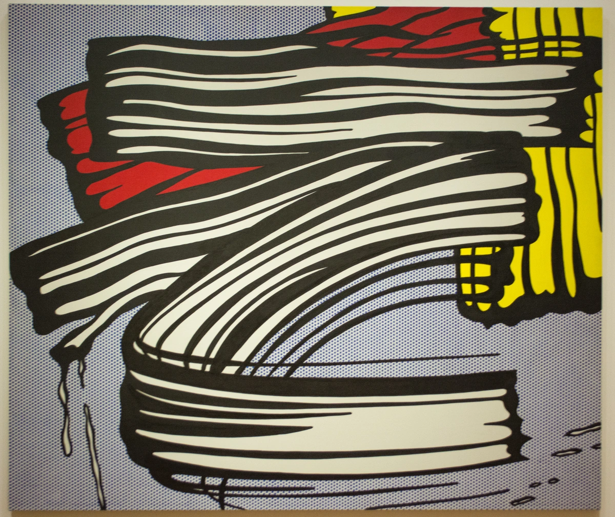 Roy Lichtenstein's Little Big Painting, a vibrant pop art piece featuring bold black and white stripes, red accents, and a blue dotted background, characteristic of his comic-strip style.