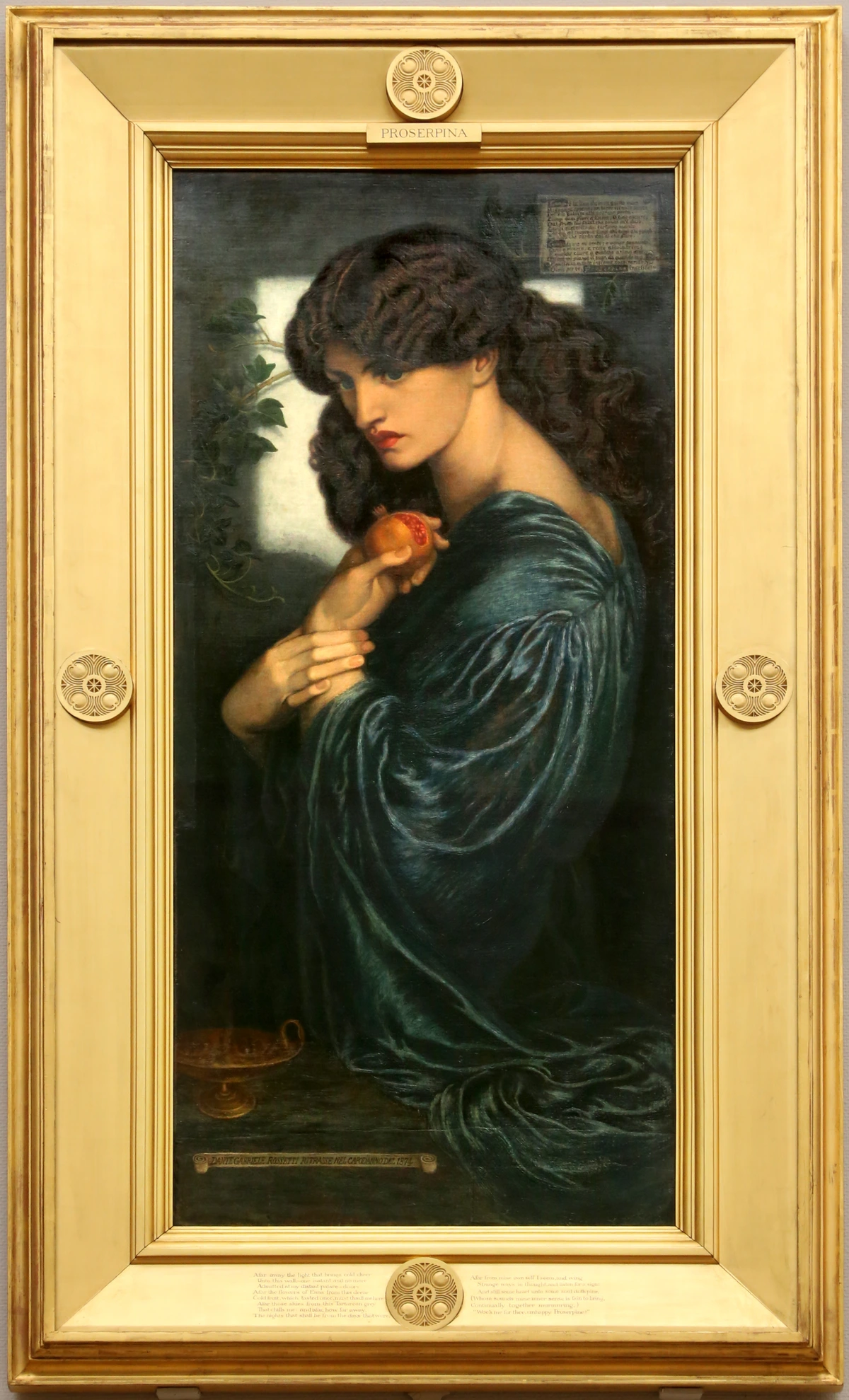 Dante Gabriel Rossetti's Proserpina, 1874, depicting the mythological queen holding a pomegranate.