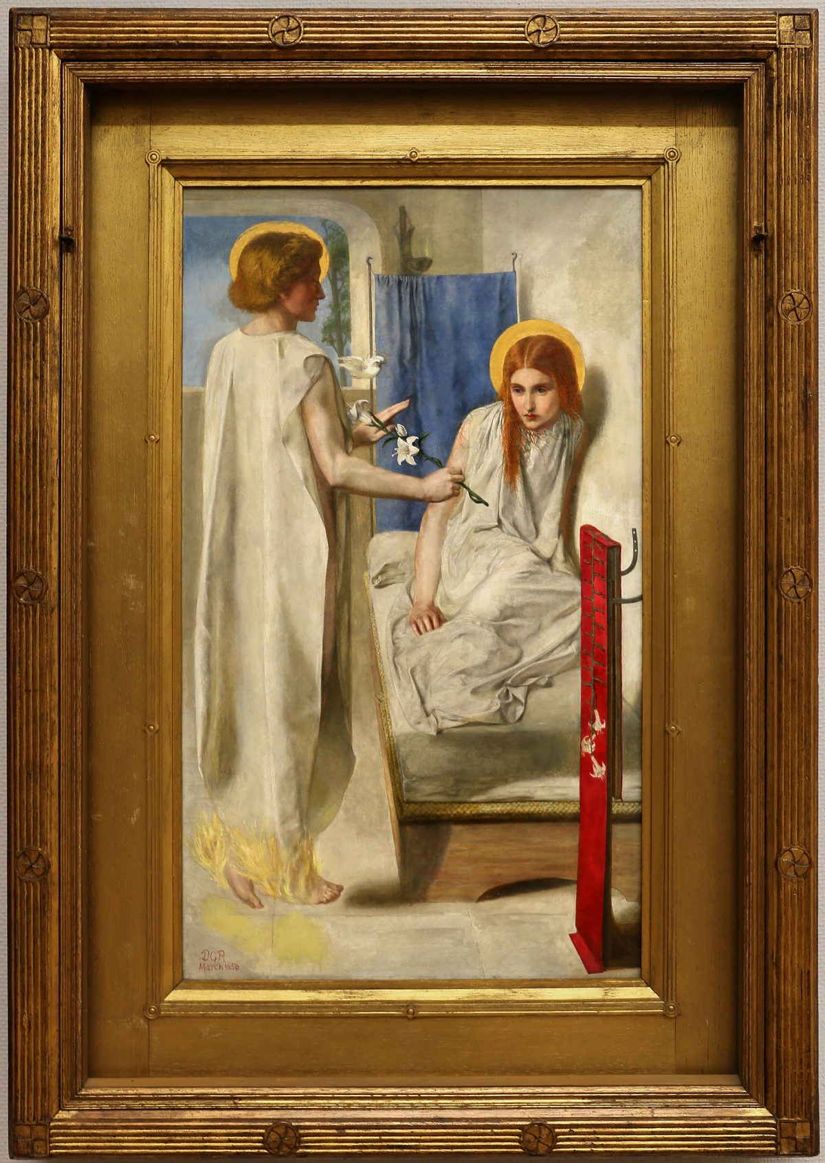 Dante Gabriel Rossetti, Ecce Ancilla Domini (Annunciation), 1850. An angel presents lilies to the Virgin Mary in a bedroom.