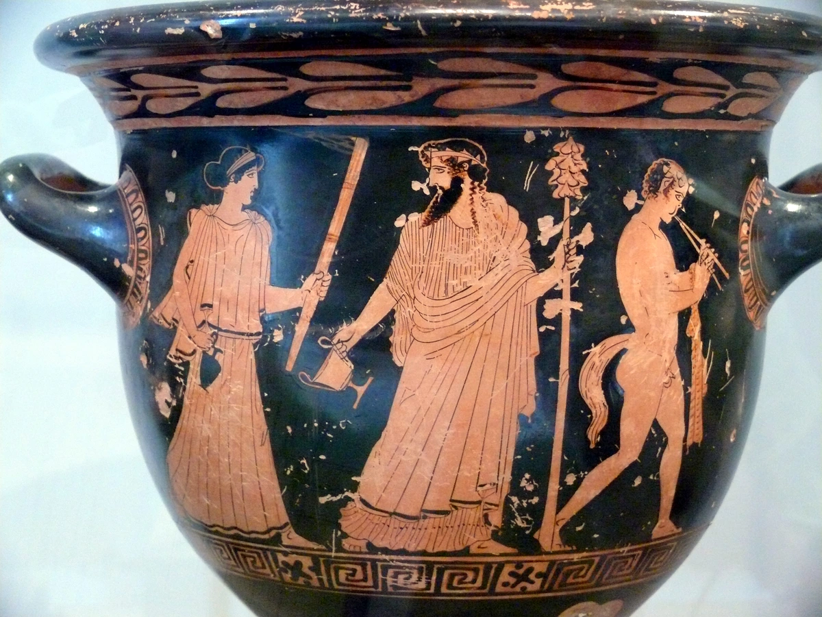 Ancient Greek red-figure calyx krater depicting Dionysus and his thiasos