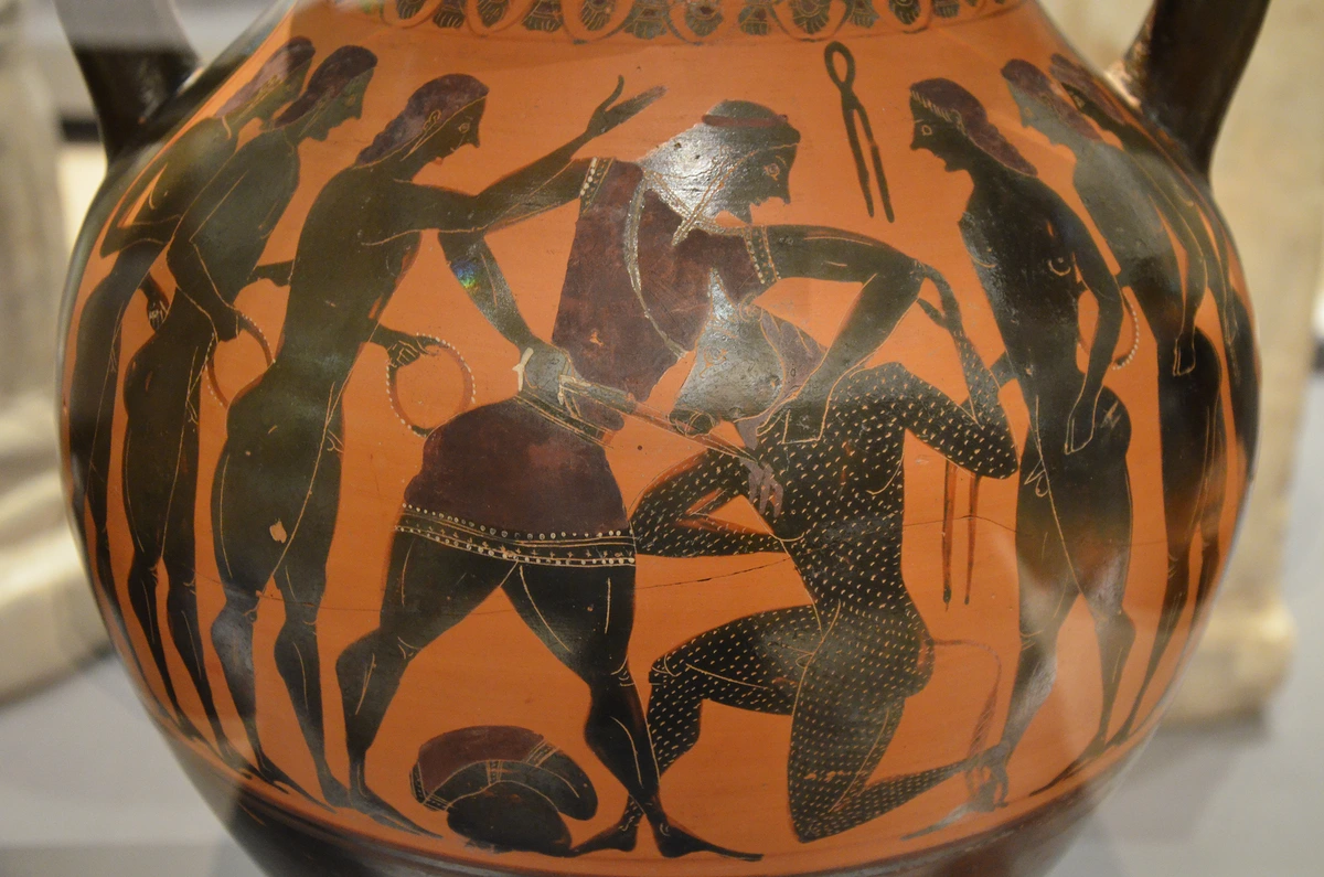 Athenian black-figure pottery amphora depicting a mythological scene, 5th-6th century BC
