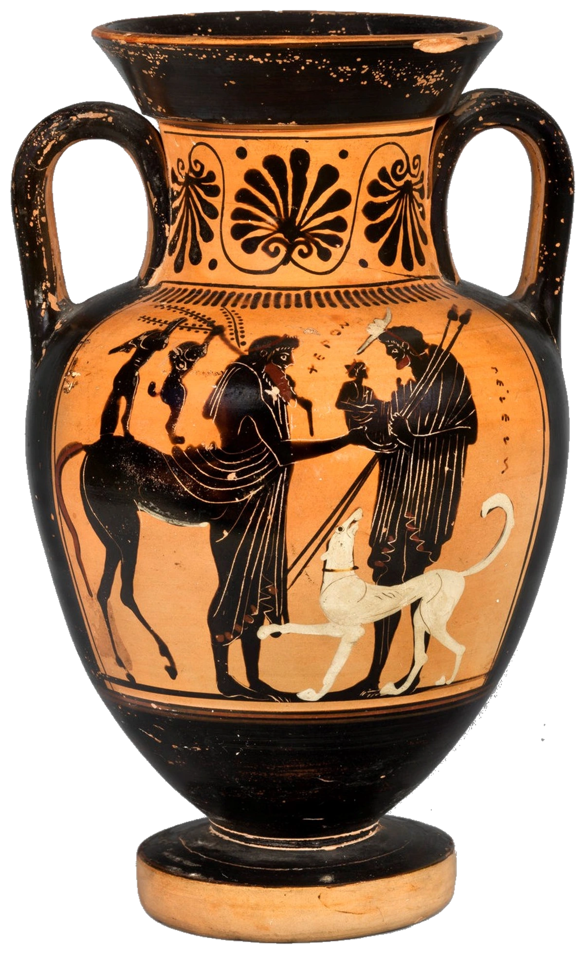 Attic black-figure neck amphora depicting a centaur, a man, and a dog, attributed to the Diosphos Painter.