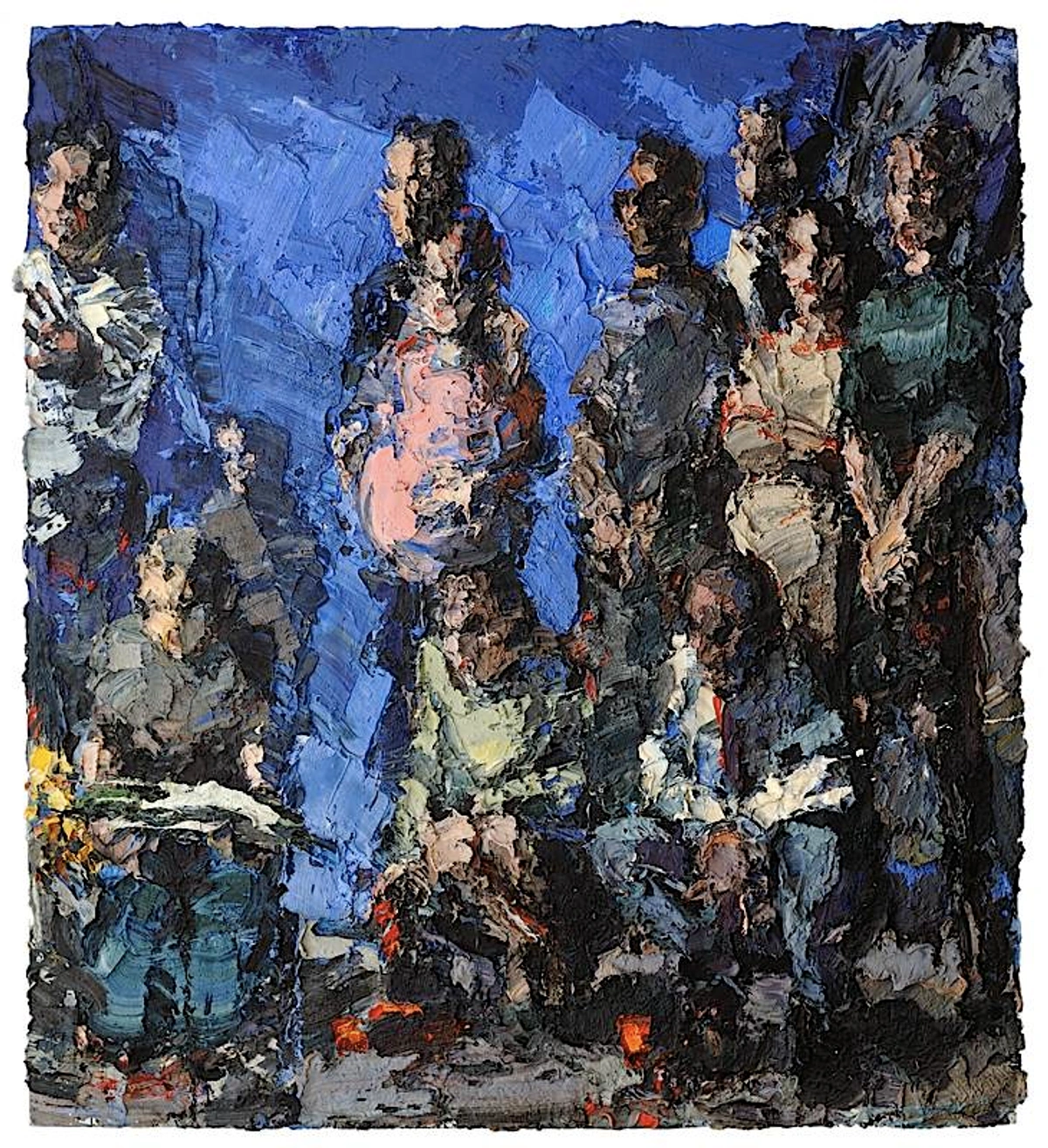 David Stern's 'The Gatherings, Diptych, right panel' (2001-2002) depicts an expressive, impasto oil painting of a group of abstracted figures in a social gathering, set against a vibrant blue background.
