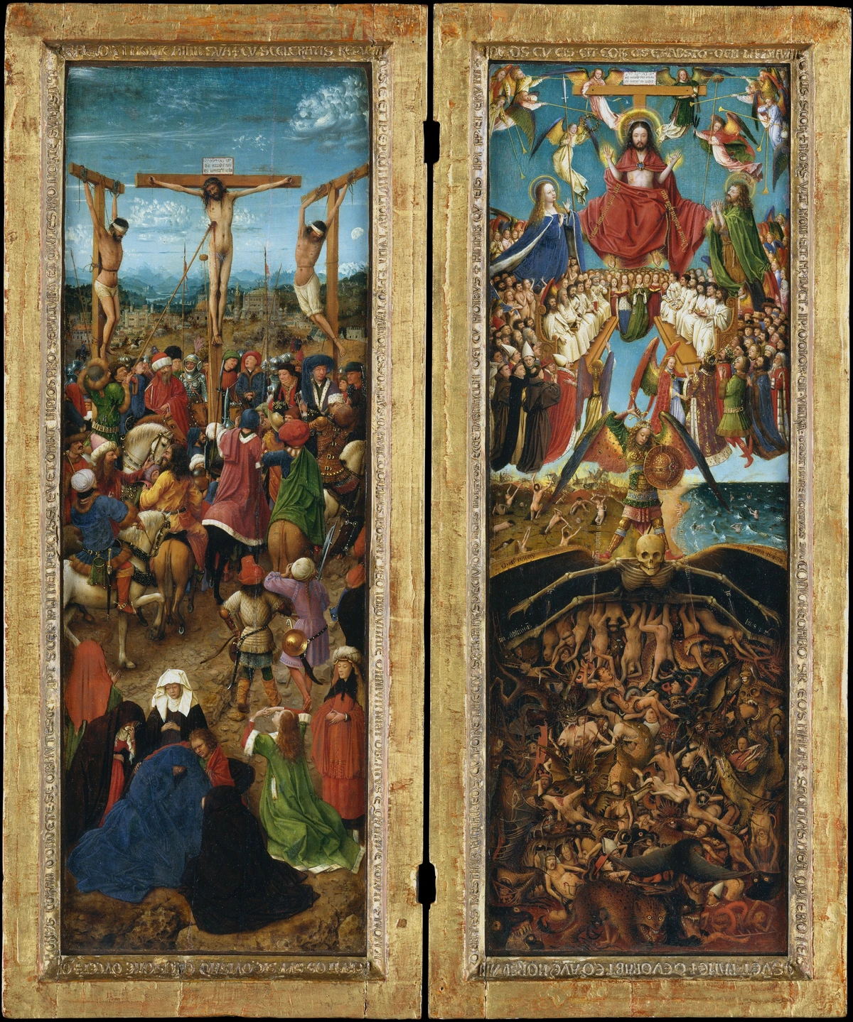 Diptych painting depicting the Crucifixion on the left panel and The Last Judgment on the right panel.