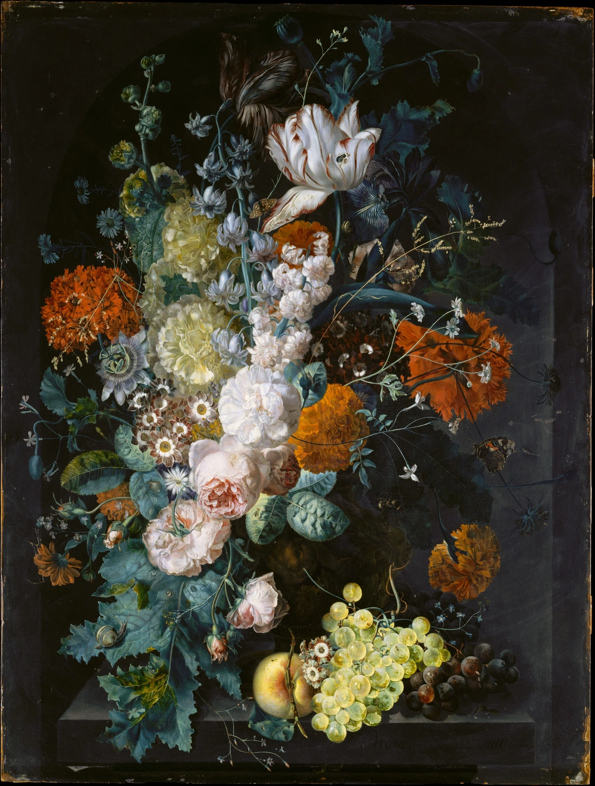 A Baroque still life painting of a lush floral arrangement in a vase, featuring tulips, roses, and other flowers, alongside grapes, a peach, and insects.