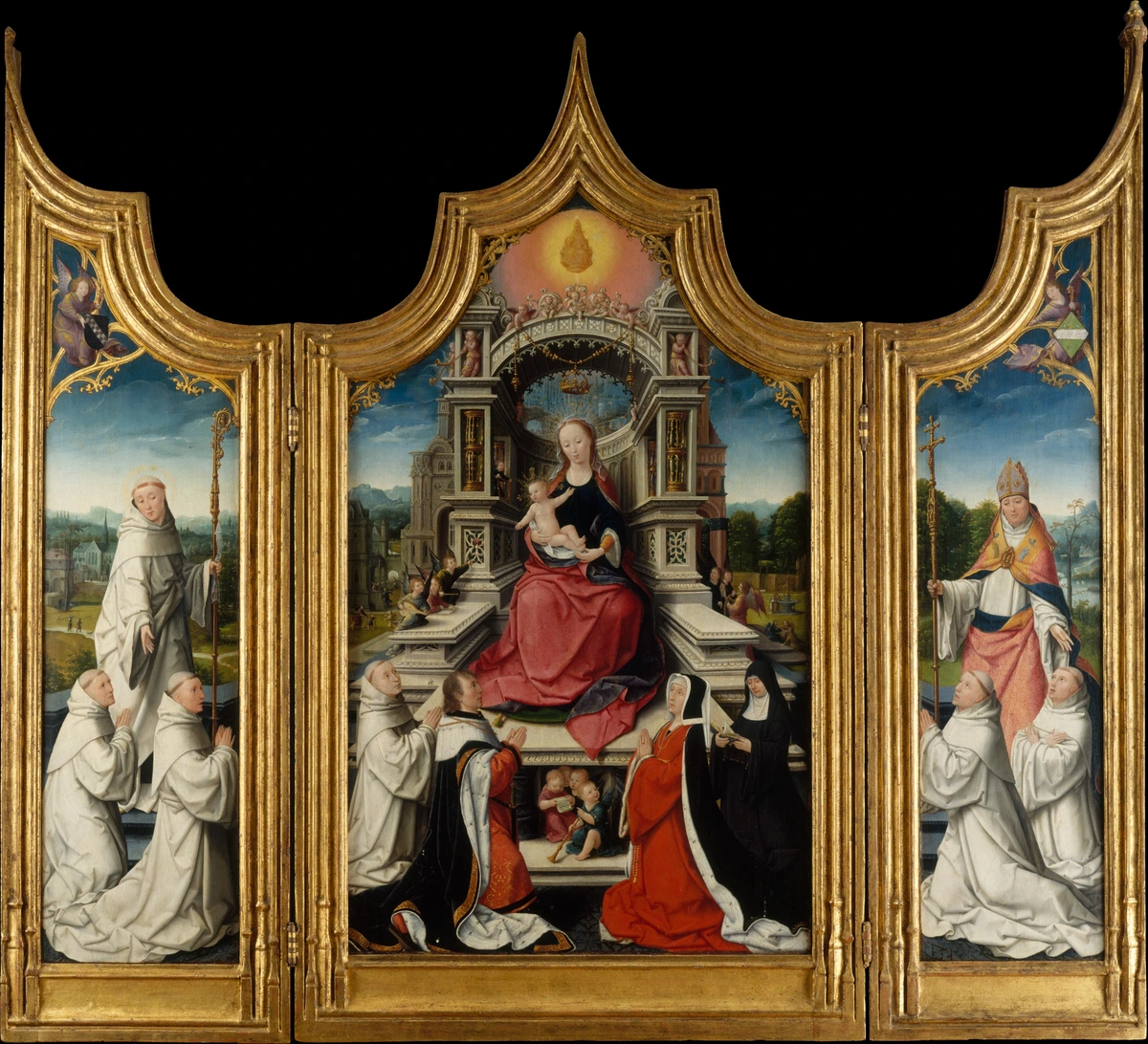 The Le Cellier Altarpiece, a triptych depicting the Virgin and Child with saints and donors, with intricate architectural details and a landscape background.
