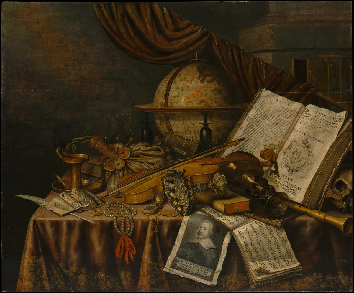 Vanitas still life painting featuring a globe, violin, books, skull, pearls, and other symbols of earthly possessions and the transience of life.