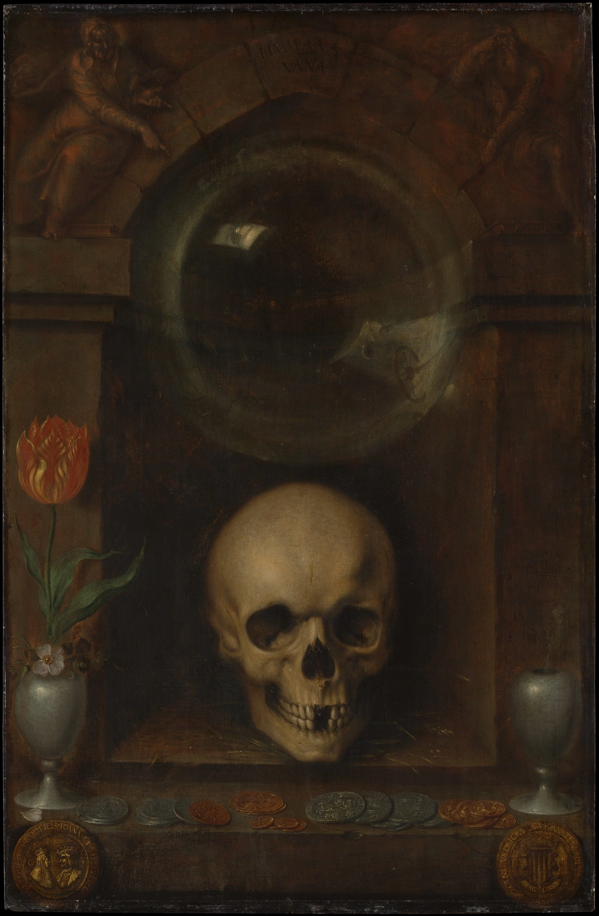 Vanitas still life painting featuring a skull, a tulip, coins, and a mirror, symbolizing mortality and the transience of life.