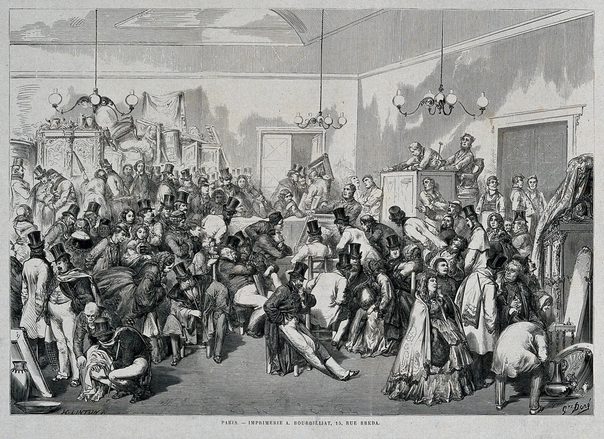 People viewing items at an art auction, wood engraving by H. Linton after Gustave Doré, 19th century.