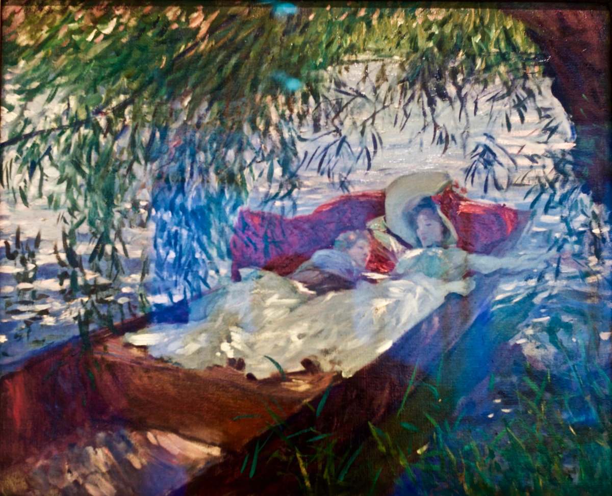 Painting of a lady and child asleep in a punter boat under willow trees by the water.