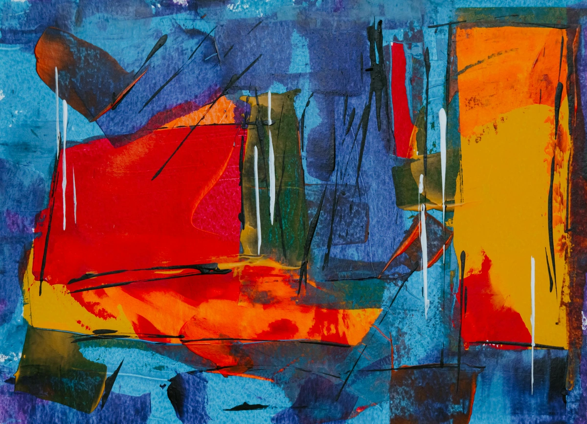 Multicolored abstract painting with bold brushstrokes and dynamic shapes in red, blue, yellow, and orange. The bold, geometric shapes and vibrant contrasts perfectly embody the Art Deco aesthetic of dynamism and clarity.